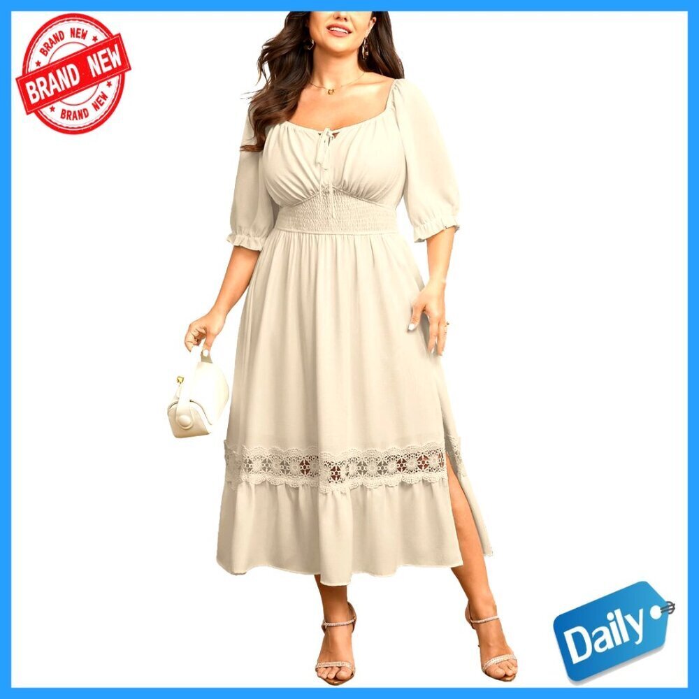 Plus Size Maxi Dress Smocked Empire Waist Square Neck Tie Front Lace Trim